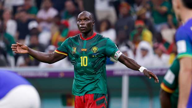 Dec 2, 2022; Lusail, Qatar; Cameroon forward Vincent Aboubakar (10) reacts from the field against Brazil in the second half during a group stage match during the 2022 World Cup at Lusail Stadium.